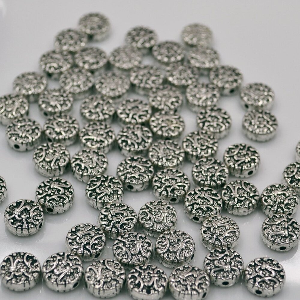48 Piece Antiqued Silver-Tone Coin Spacer Beads with Floral Pattern, 10mm x 4mm